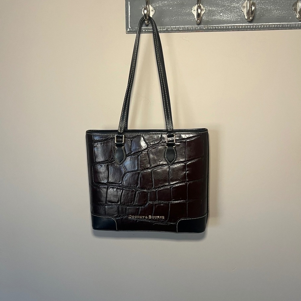 Dooney‎ & Bourke Denison Brielle Espresso Croc Embossed Leather Tote Black Trim - Picture 2 of 16